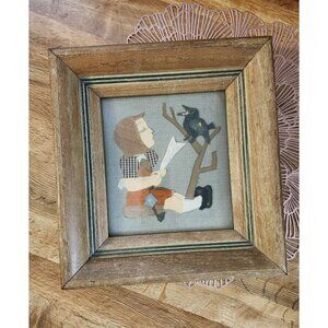 Unique Framed Fabric Collage Child and Raven Wood Custom Frame 10.25x11"